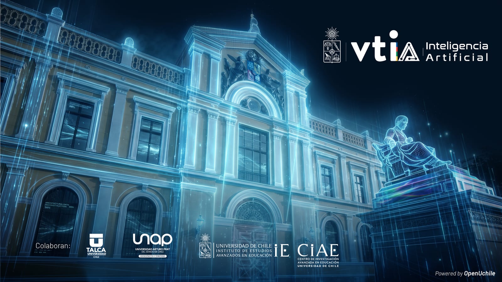 Casa Central de la Universidad de Chile iluminada en tonos azules