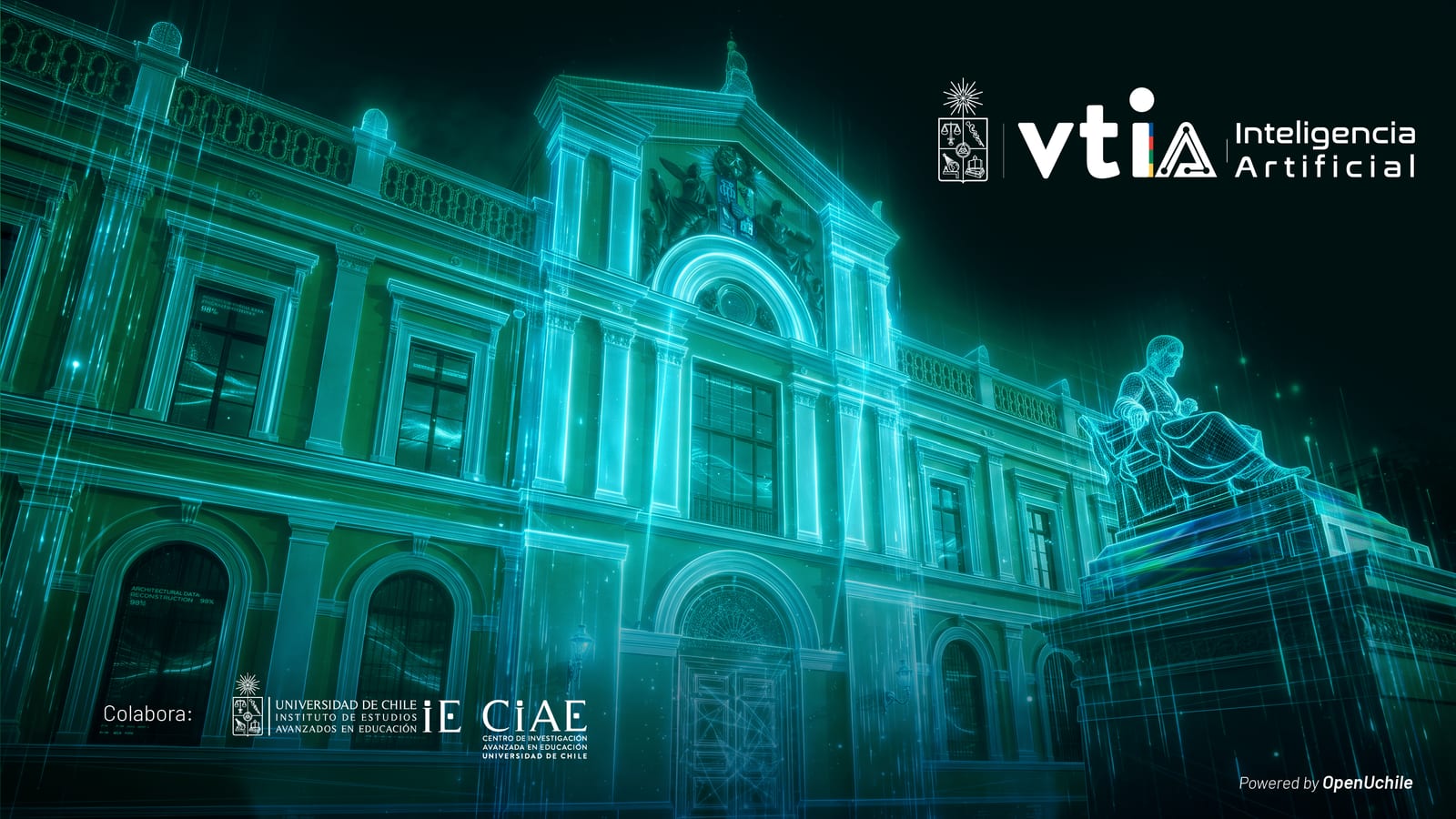 Casa Central de la Universidad de Chile iluminada en tonos verdes